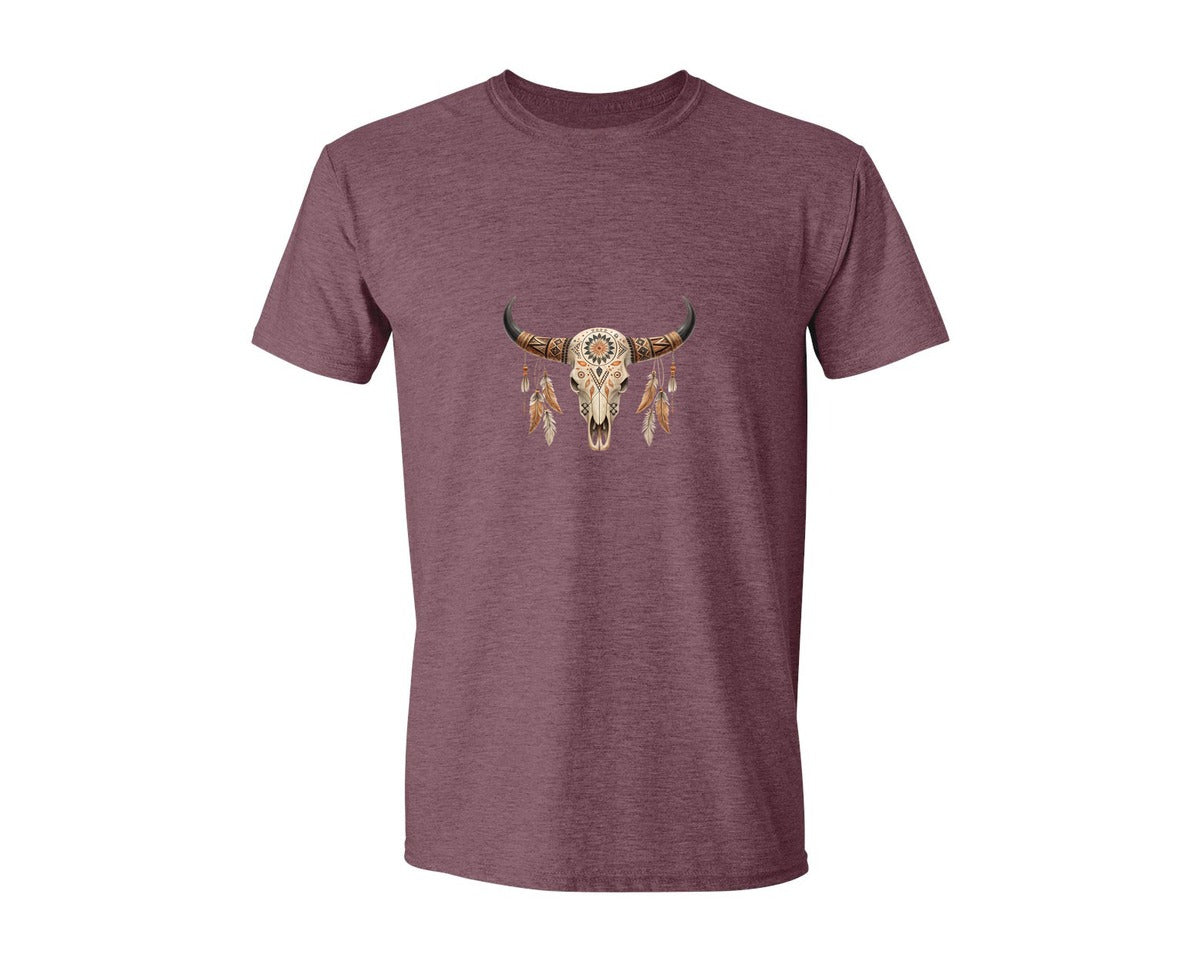 brand:Generic|color:Heather Maroon|Western Bull Skull Aztec Boho Longhorn 2 Graphic T-Shirt