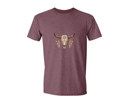 brand:Generic|color:Heather Maroon|Western Bull Skull Aztec Boho Longhorn 2 Graphic T-Shirt