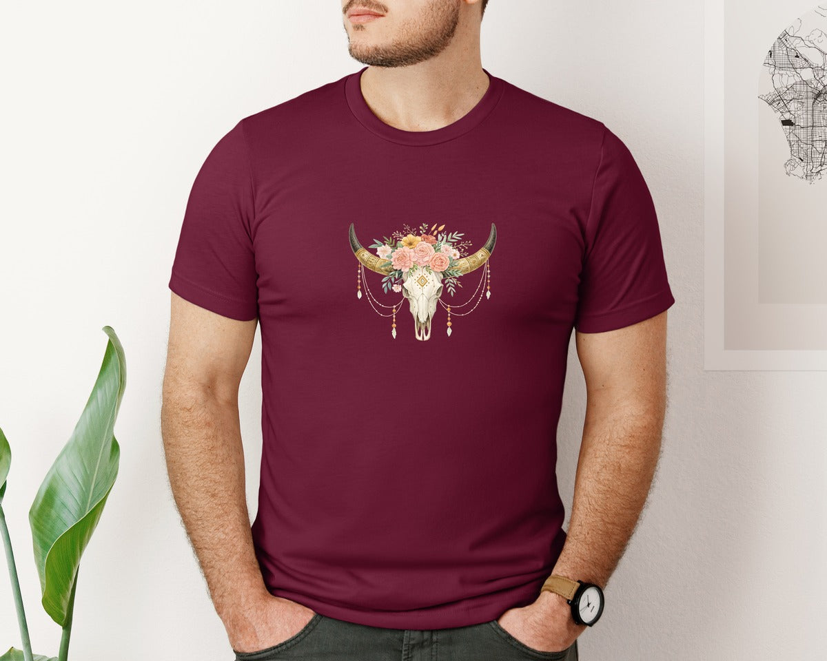 brand:Bella Canvas|color:Heather Maroon|Rose Flowers Western Bull Skull Longhorn 5 Graphic T-Shirt