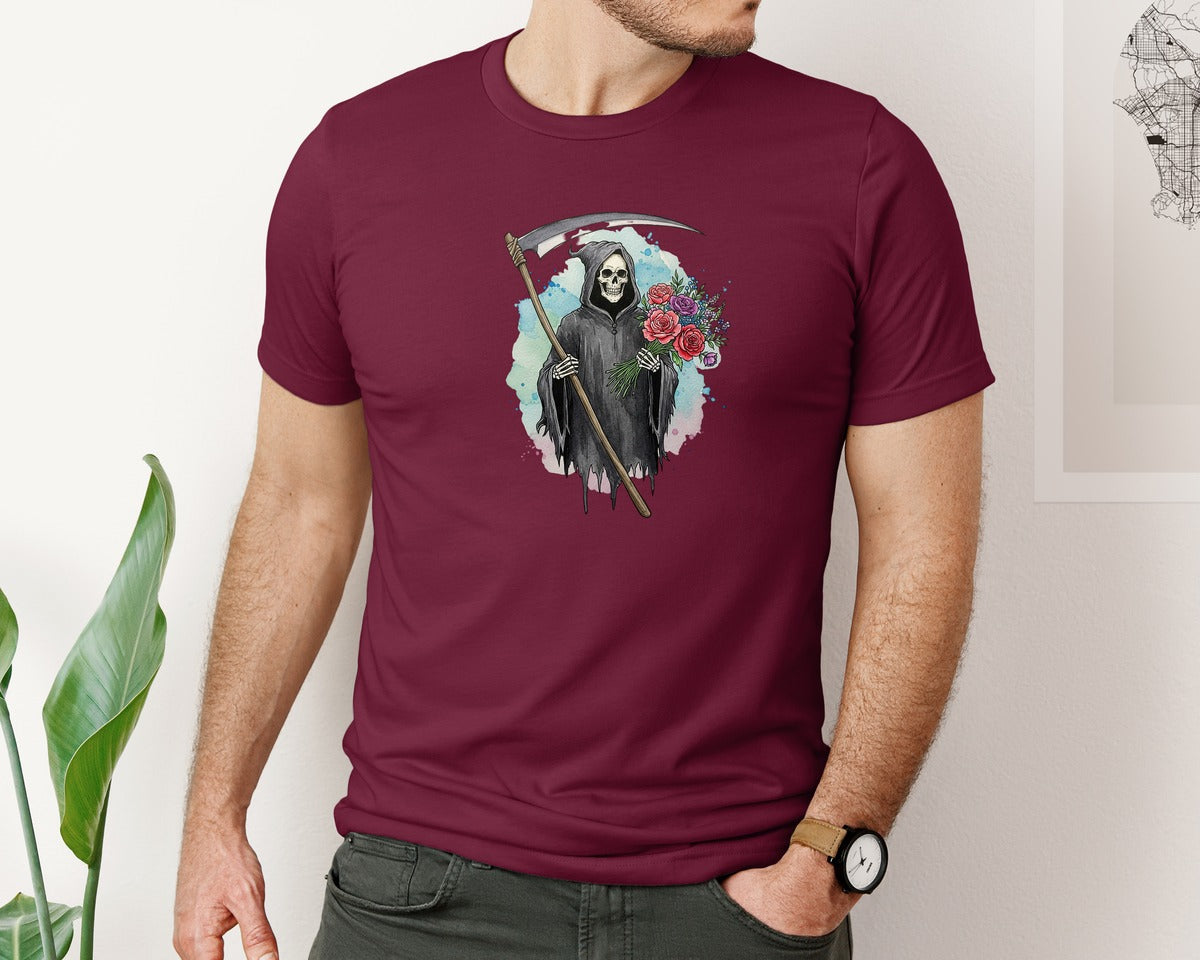 brand:Bella Canvas|color:Heather Maroon|Grim Reaper With Flowers Gothic Graphic T-Shirt