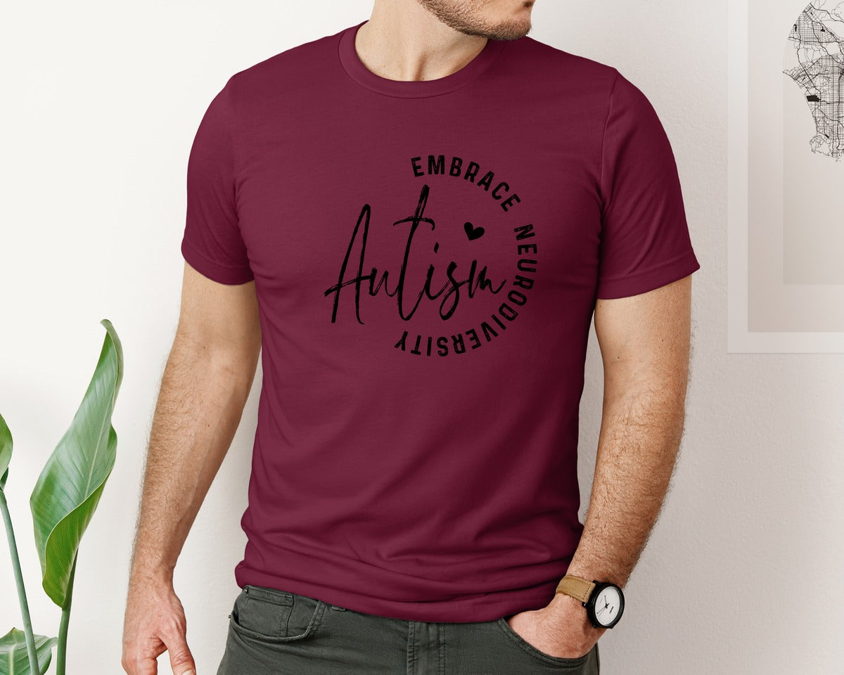 brand:Bella Canvas|color:Heather Maroon|Embrace Neurodiversity Autism Graphic T-Shirt