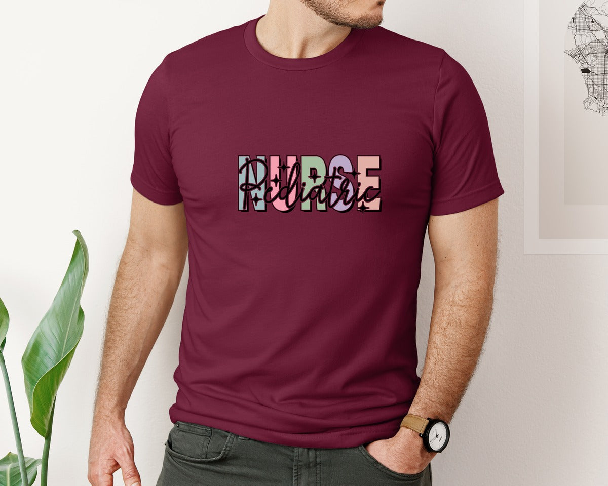 brand:Bella Canvas|color:Heather Maroon|Peds Nurse Picu Pediatric Nurse Graphic T-Shirt