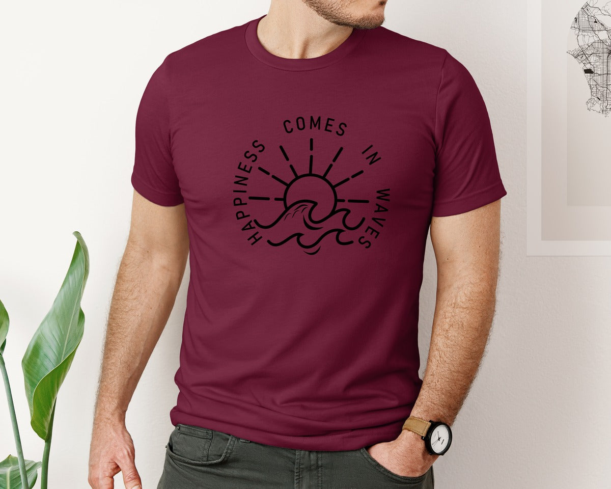 brand:Bella Canvas|color:Heather Maroon|Happiness Comes In Waves Graphic T-Shirt