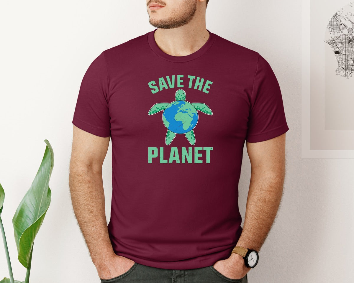 brand:Bella Canvas|color:Heather Maroon|Save The Planet Turtle Earth Globe Graphic T-Shirt