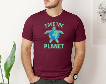 brand:Bella Canvas|color:Heather Maroon|Save The Planet Turtle Earth Globe Graphic T-Shirt