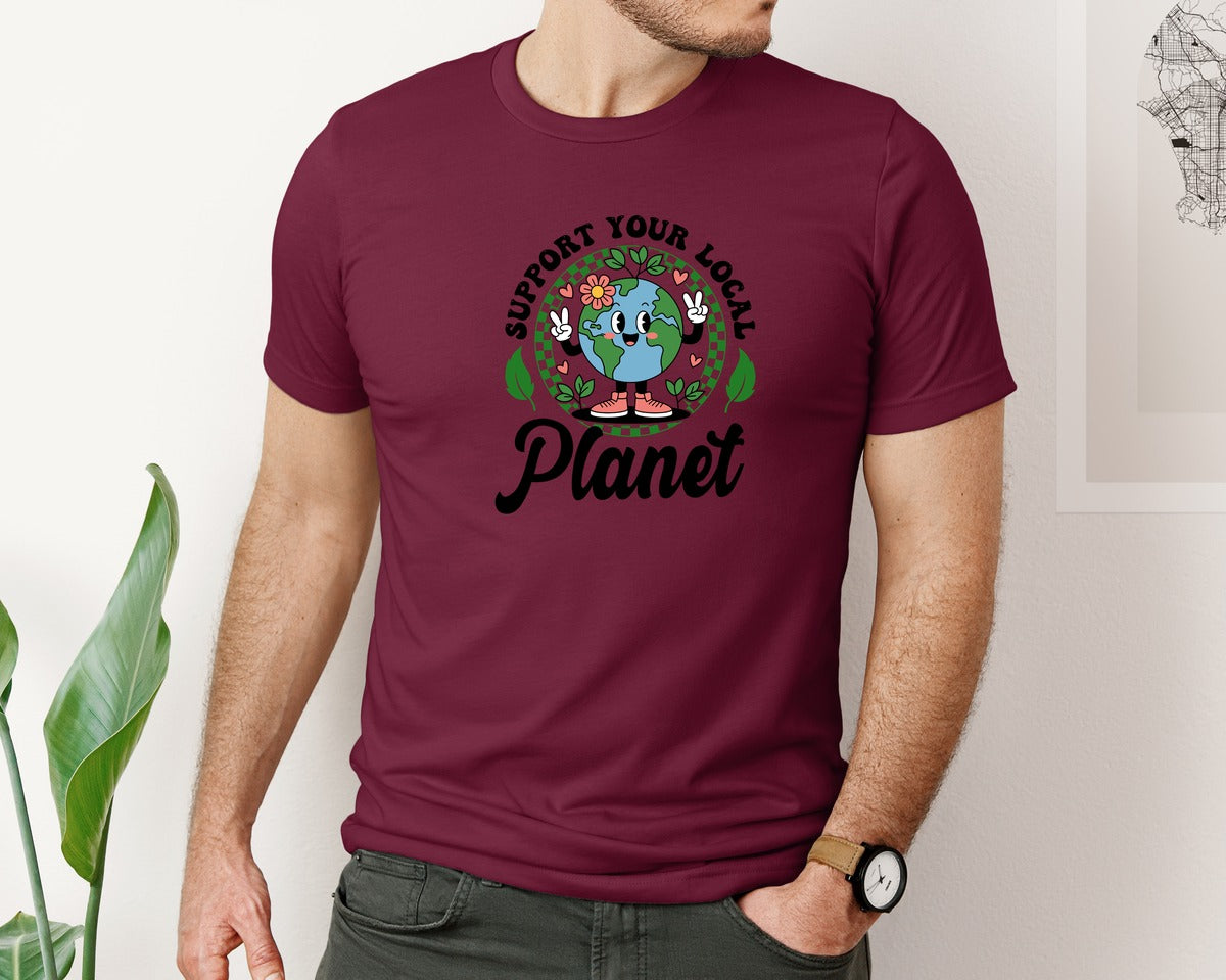 brand:Bella Canvas|color:Heather Maroon|Earth Day Support Your Local Planet 2 Graphic T-Shirt