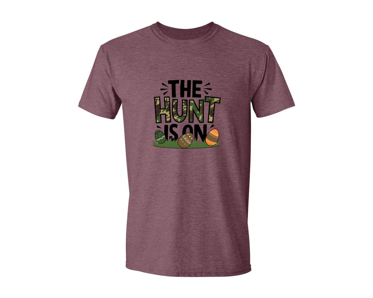 brand:Generic|color:Heather Maroon|The Hunt Is On Camo Easter Egg Camo Graphic T-Shirt