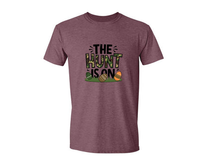 brand:Generic|color:Heather Maroon|The Hunt Is On Camo Easter Egg Camo Graphic T-Shirt