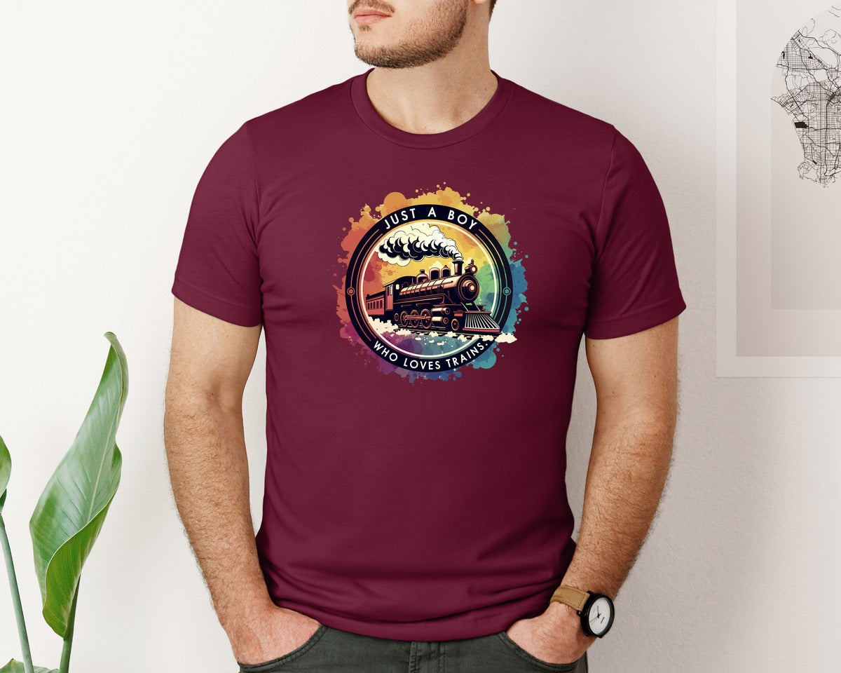 brand:Bella Canvas|color:Heather Maroon|Just A Boy Who Loves Trains Graphic T-Shirt