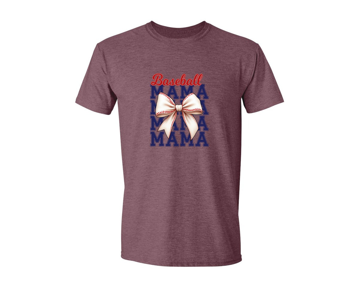brand:Generic|color:Heather Maroon|Baseball Mama Mom Coquette Bow Game Graphic T-Shirt