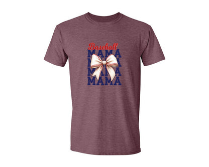 brand:Generic|color:Heather Maroon|Baseball Mama Mom Coquette Bow Game Graphic T-Shirt