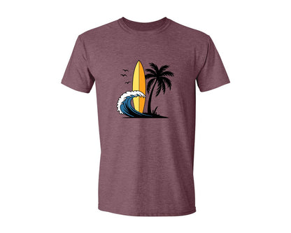 brand:Generic|color:Heather Maroon|Surfboard With Ocean Wave And Palm Tree Graphic T-Shirt