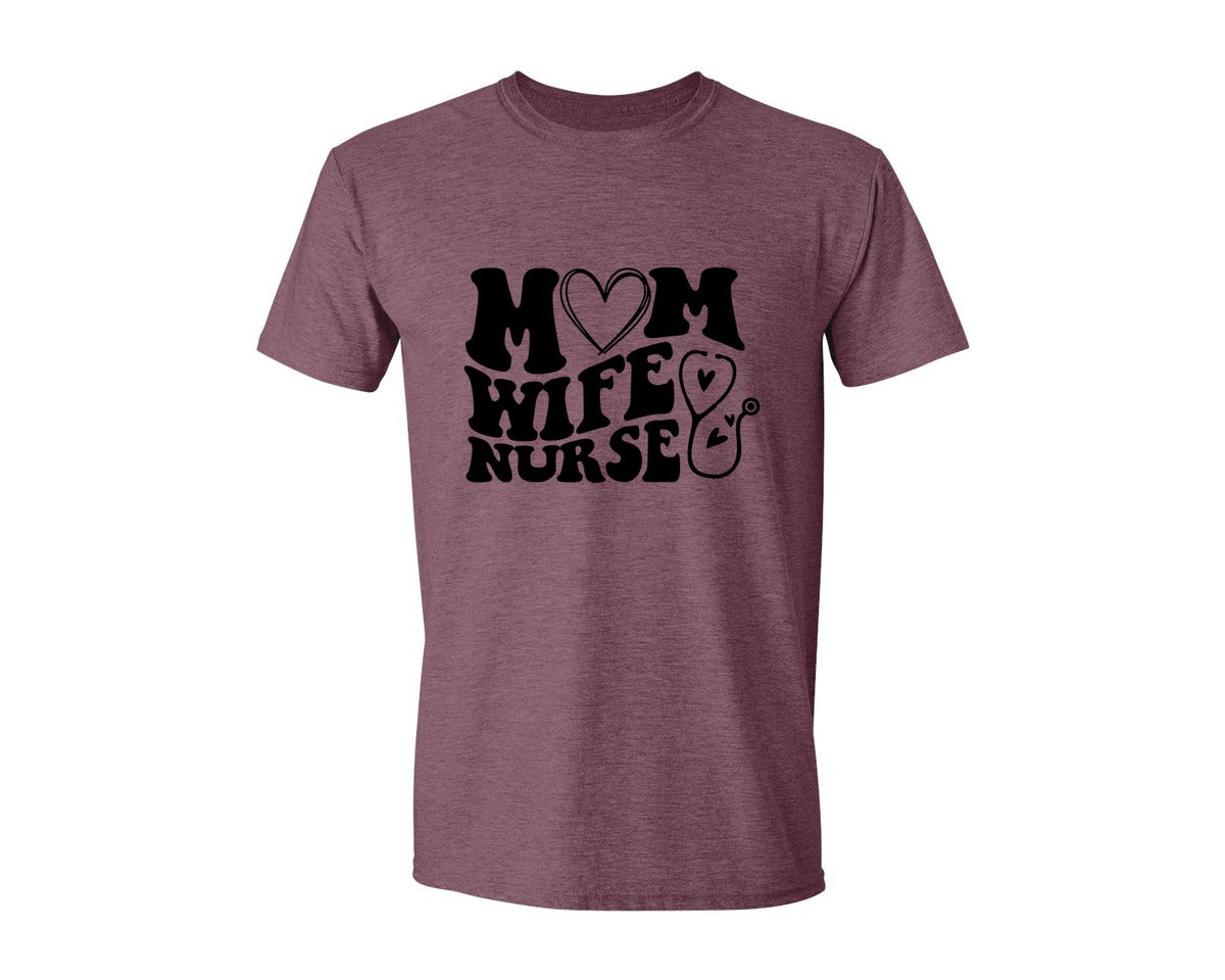 brand:Generic|color:Heather Maroon|Mom Wife Nurse Wavy Graphic T-Shirt