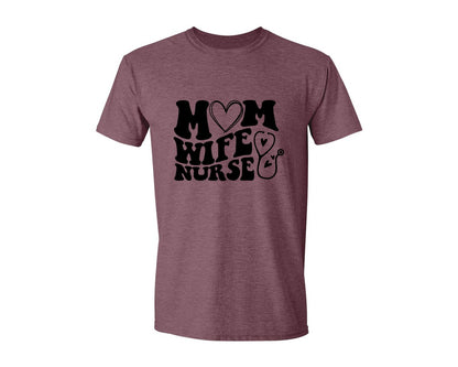 brand:Generic|color:Heather Maroon|Mom Wife Nurse Wavy Graphic T-Shirt