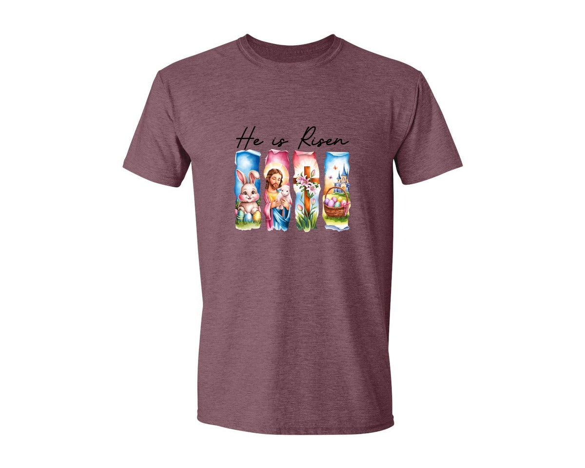brand:Generic|color:Heather Maroon|He Is Risen Easter Jesus Christian Graphic T-Shirt