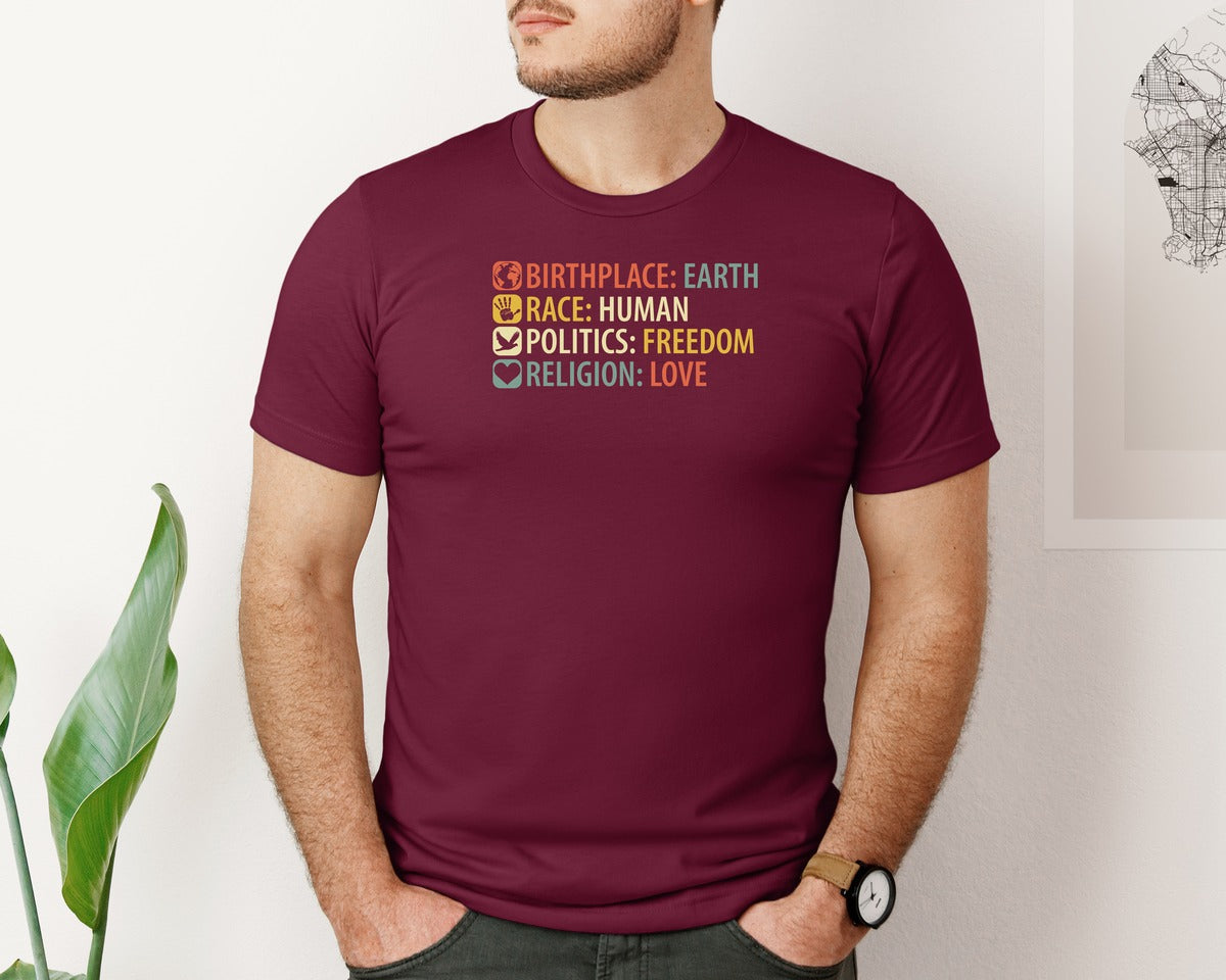 brand:Bella Canvas|color:Heather Maroon|Birthplace Earth Race Human Politics Fre Graphic T-Shirt