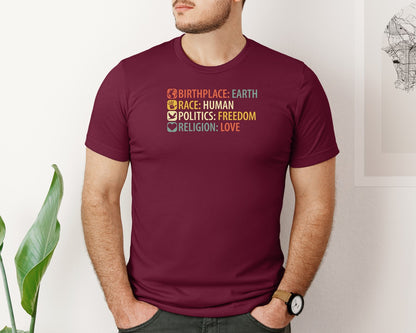 brand:Bella Canvas|color:Heather Maroon|Birthplace Earth Race Human Politics Fre Graphic T-Shirt