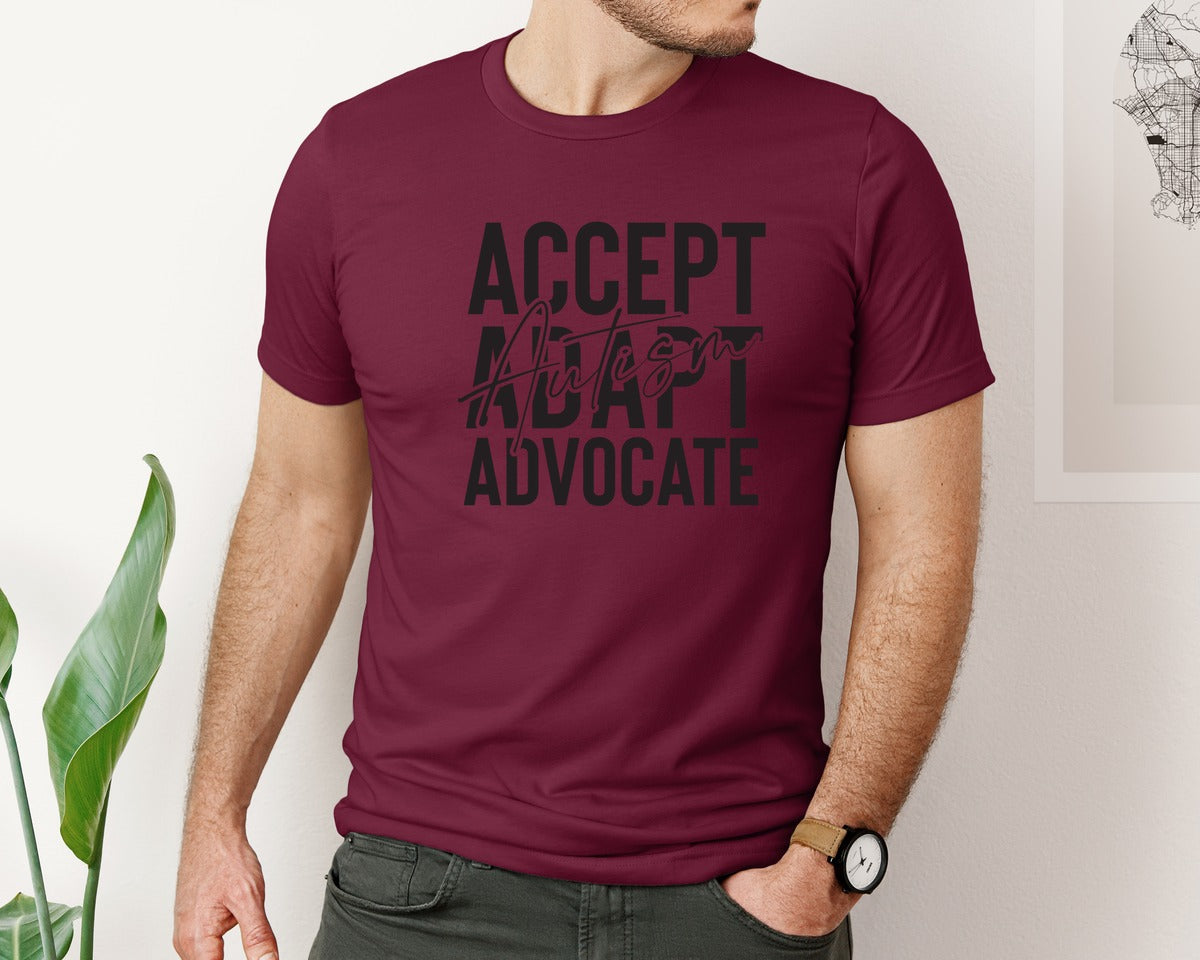 brand:Bella Canvas|color:Heather Maroon|Accept Adapt Advocate Autism Graphic T-Shirt