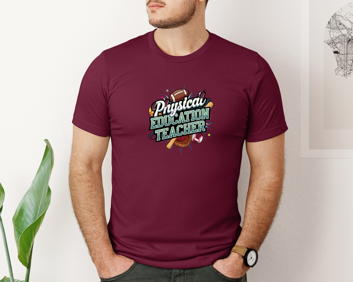 brand:Bella Canvas|color:Heather Maroon|Physical Education Teacher 2 Graphic T-Shirt