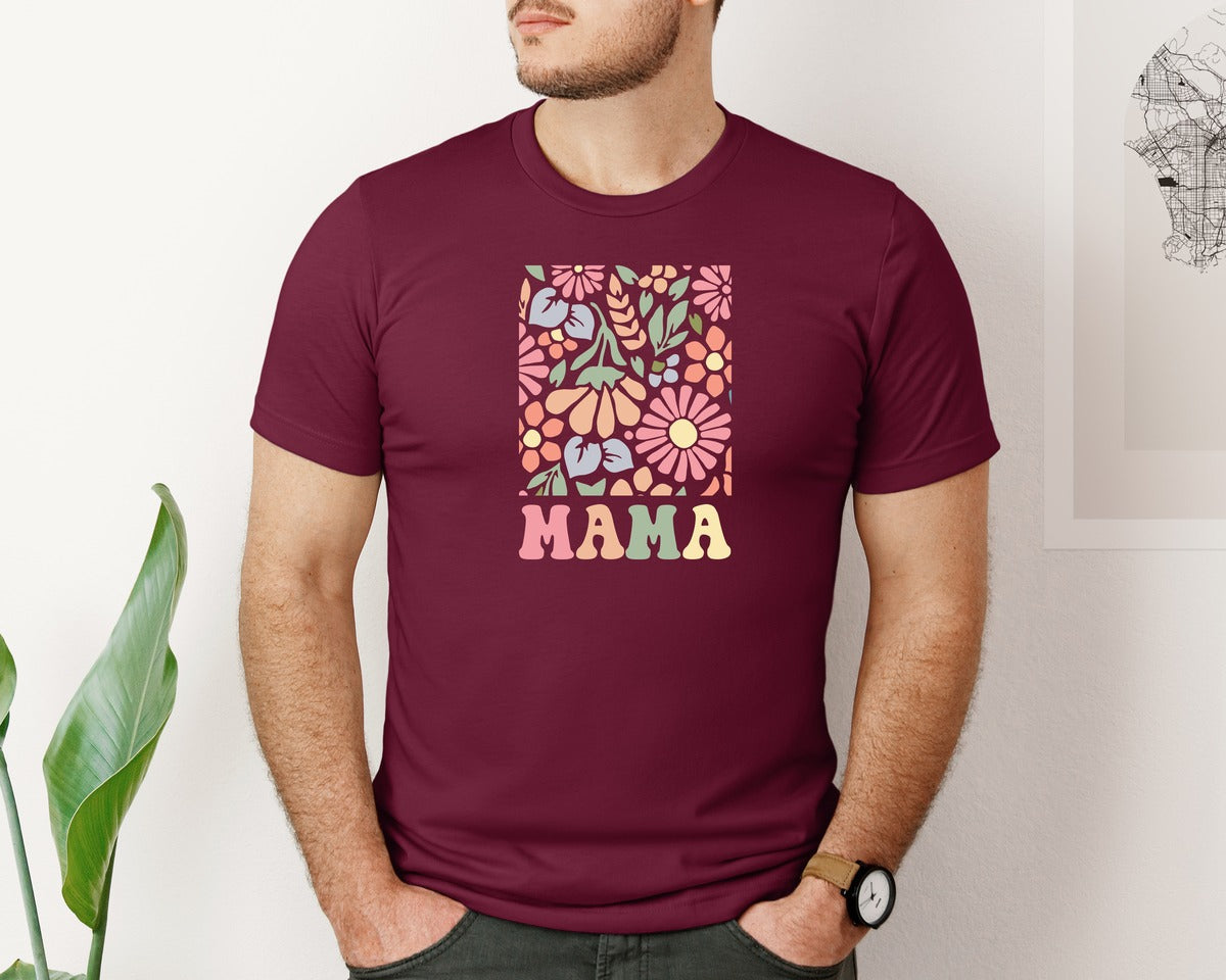 brand:Bella Canvas|color:Heather Maroon|Boho Floral Mama Mama Flower Graphic T-Shirt