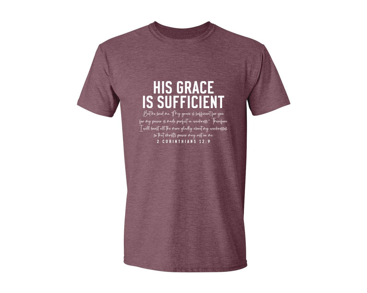brand:Generic|color:Heather Maroon|His Grace Is Sufficient 2 Corinthian Graphic T-Shirt
