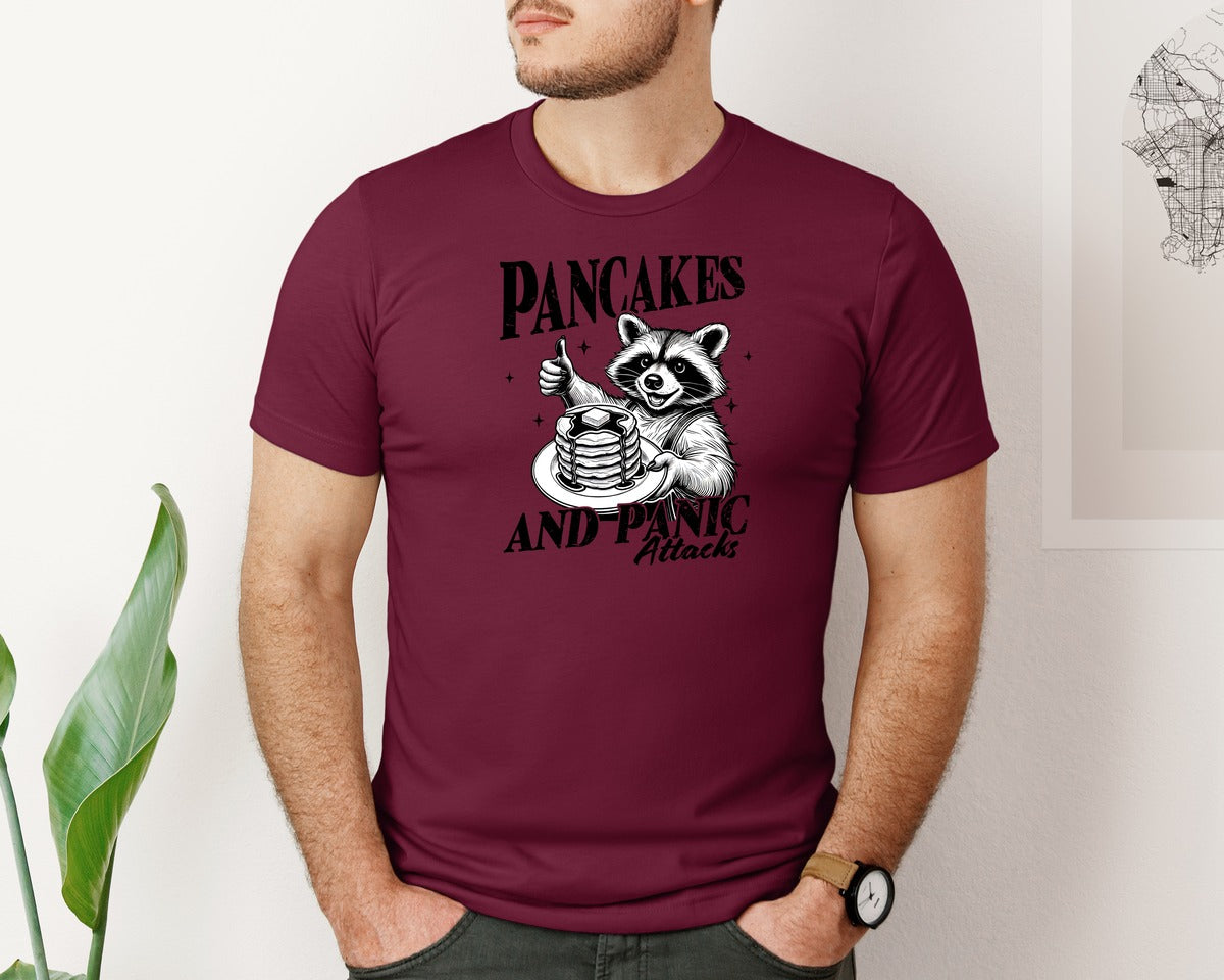 brand:Bella Canvas|color:Heather Maroon|Mental Health Raccoon Pancakes And Panic Graphic T-Shirt