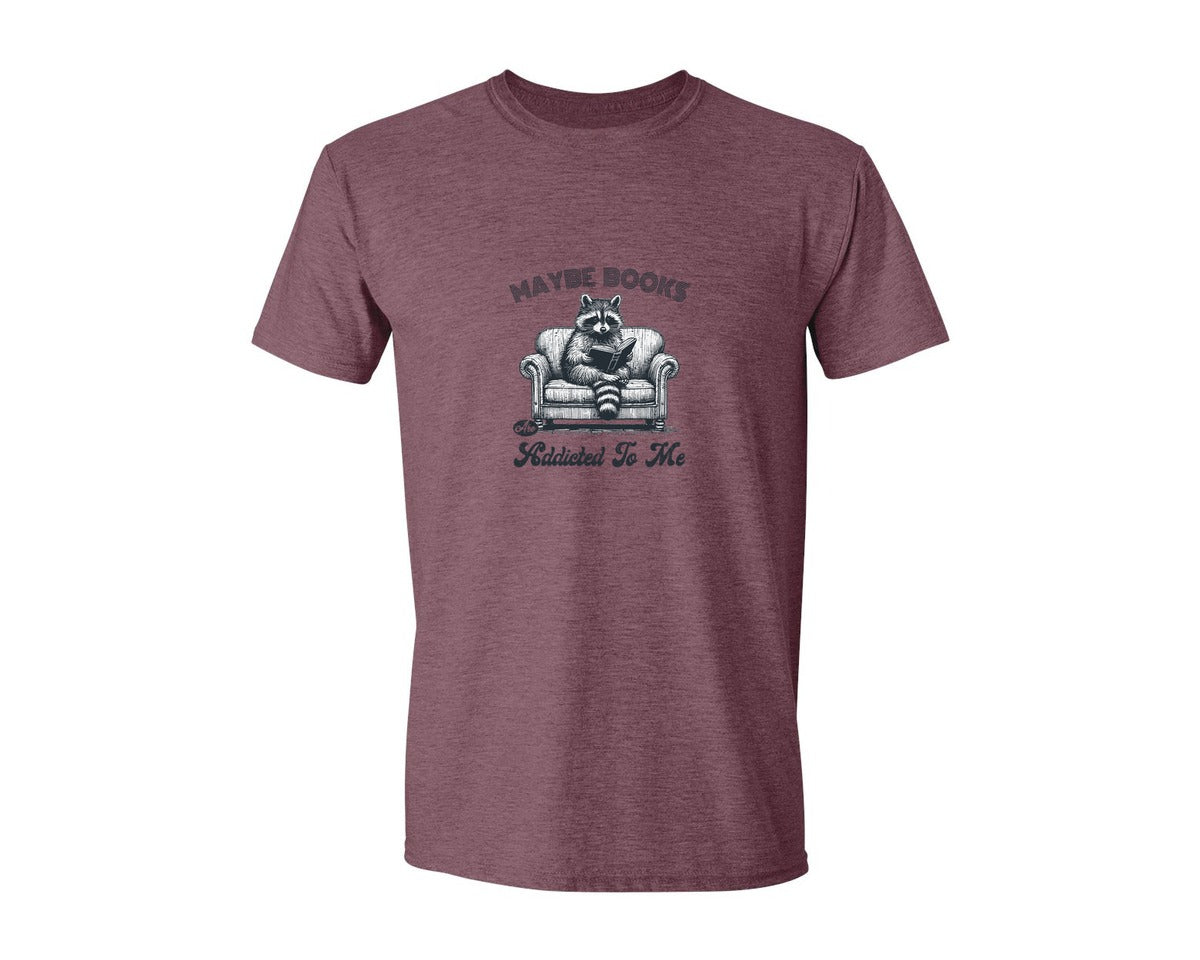 brand:Generic|color:Heather Maroon|Maybe Books Are Addicted To Me Raccoon Graphic T-Shirt