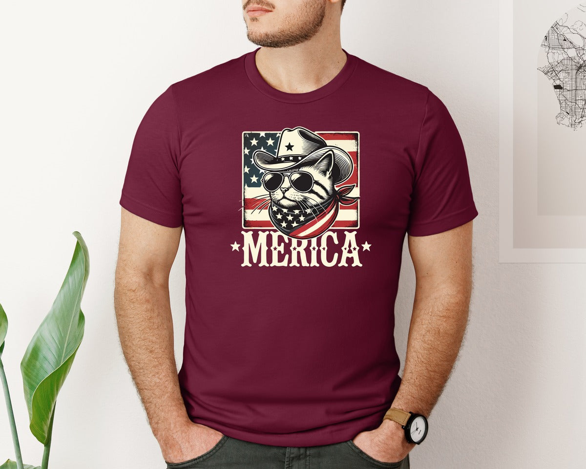 brand:Bella Canvas|color:Heather Maroon|Merica Cat Patriotic Cowboy Cat Graphic T-Shirt