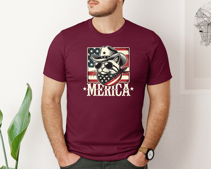 brand:Bella Canvas|color:Heather Maroon|Merica Cat Patriotic Cowboy Cat Graphic T-Shirt