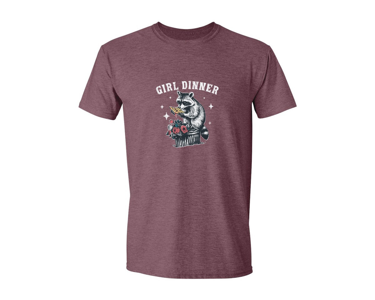 brand:Generic|color:Heather Maroon|Girl Dinner Raccoon Eat Pizza Shirt Graphic T-Shirt
