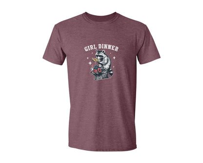 brand:Generic|color:Heather Maroon|Girl Dinner Raccoon Eat Pizza Shirt Graphic T-Shirt