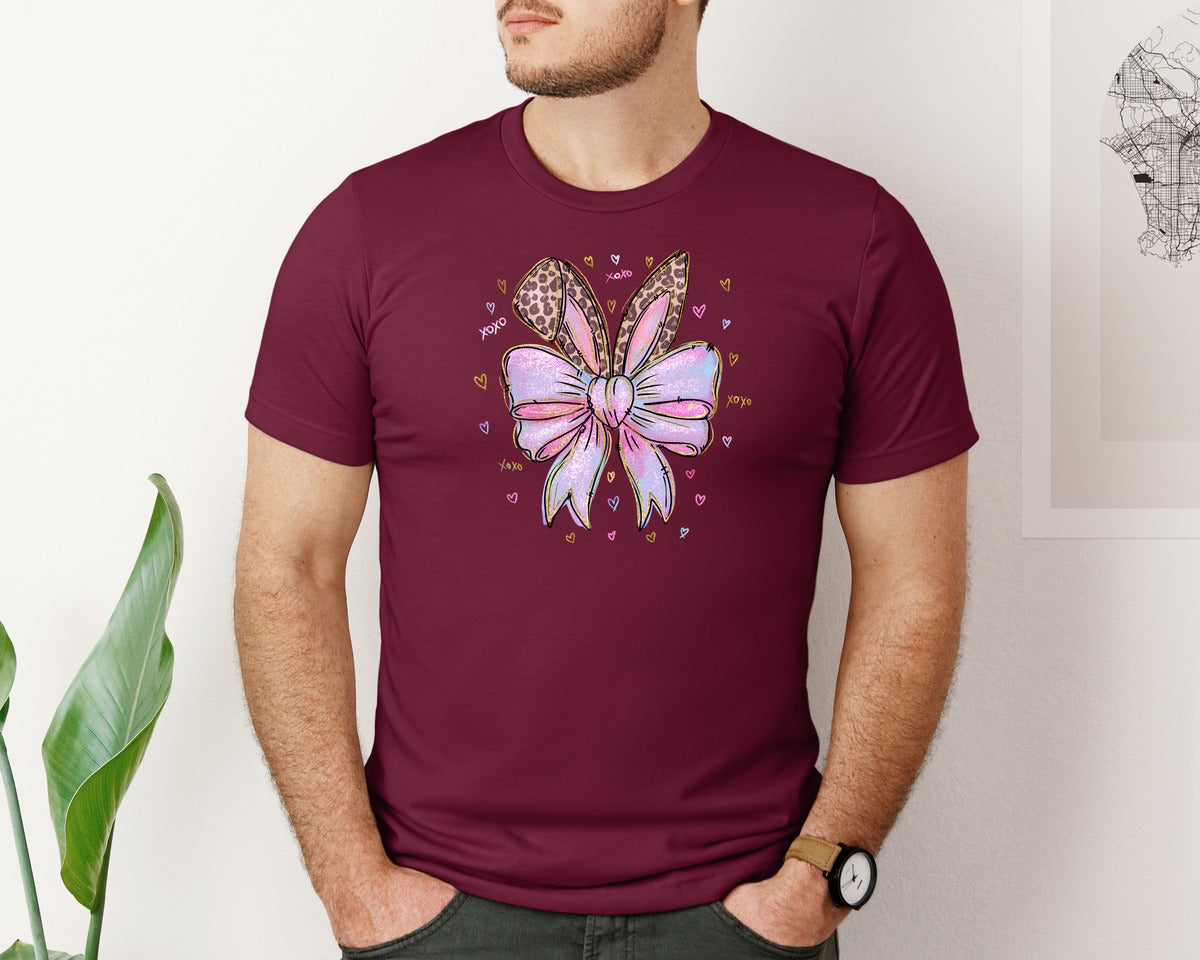 brand:Bella Canvas|color:Heather Maroon|Leopard Bunny Ears Pink Blue Bow Graphic T-Shirt