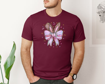brand:Bella Canvas|color:Heather Maroon|Leopard Bunny Ears Pink Blue Bow Graphic T-Shirt