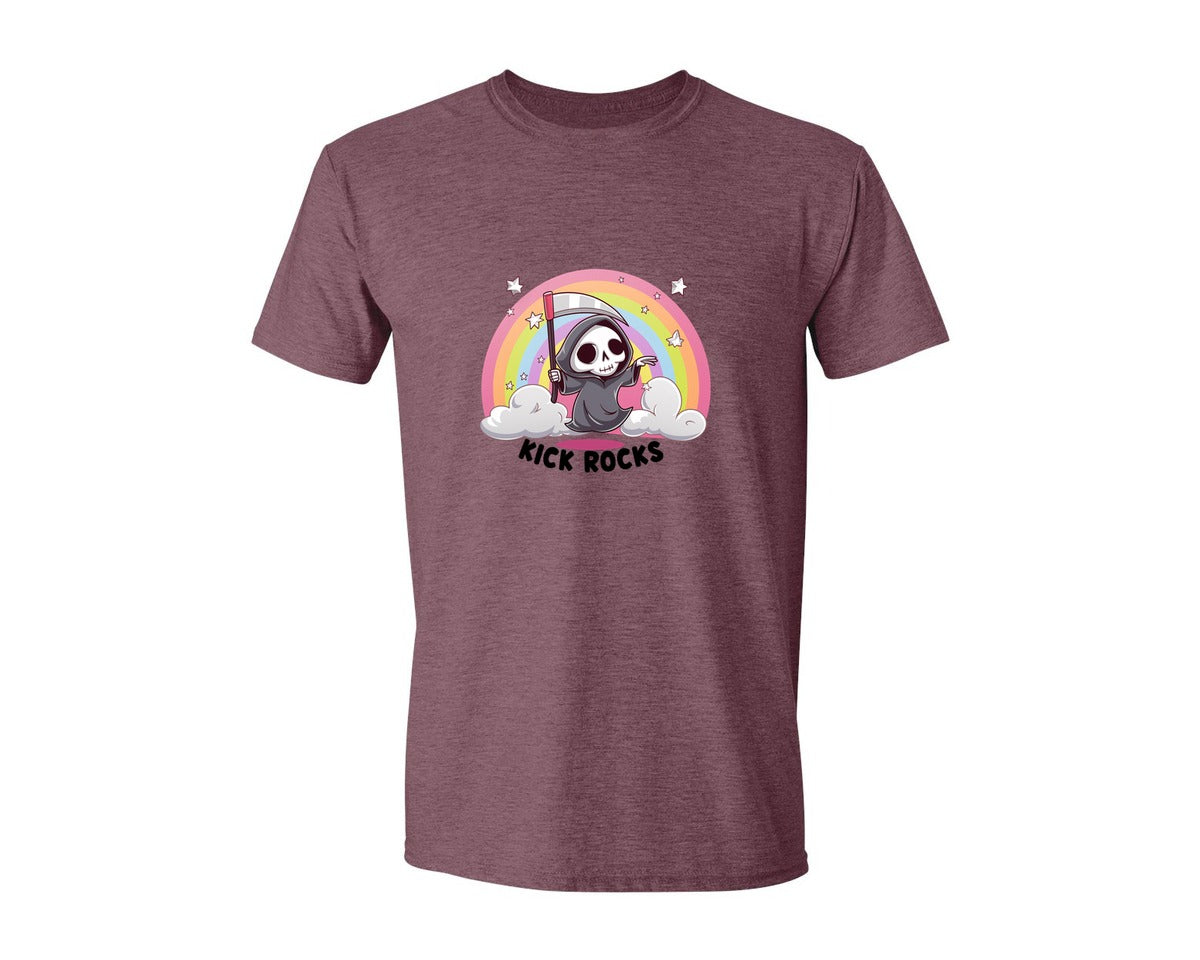 brand:Generic|color:Heather Maroon|Kick Rocks Cute Grim Reaper Graphic T-Shirt