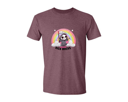 brand:Generic|color:Heather Maroon|Kick Rocks Cute Grim Reaper Graphic T-Shirt