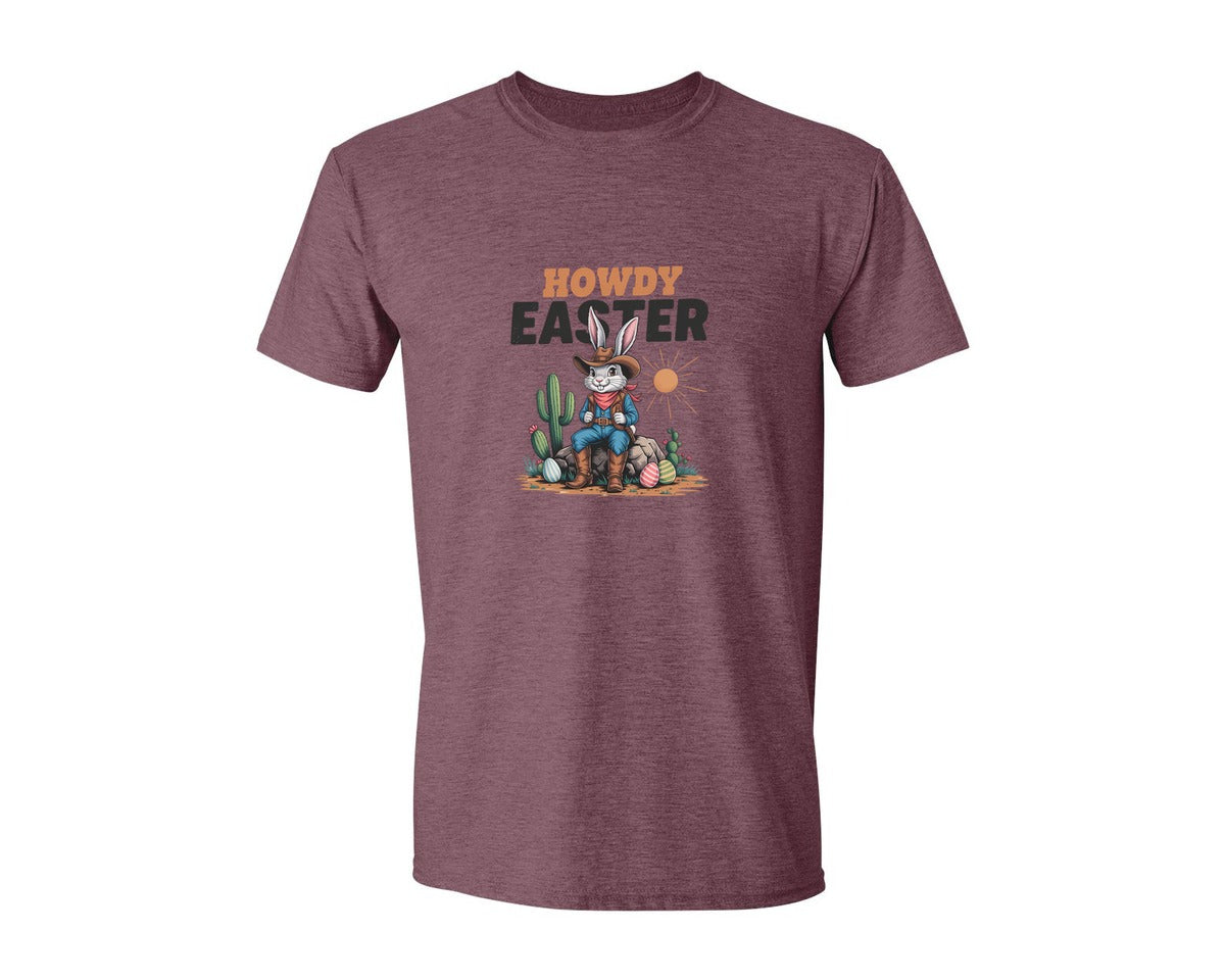 brand:Generic|color:Heather Maroon|Howdy Easter Western Cowboy Bunny 2 Graphic T-Shirt