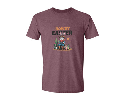 brand:Generic|color:Heather Maroon|Howdy Easter Western Cowboy Bunny 2 Graphic T-Shirt