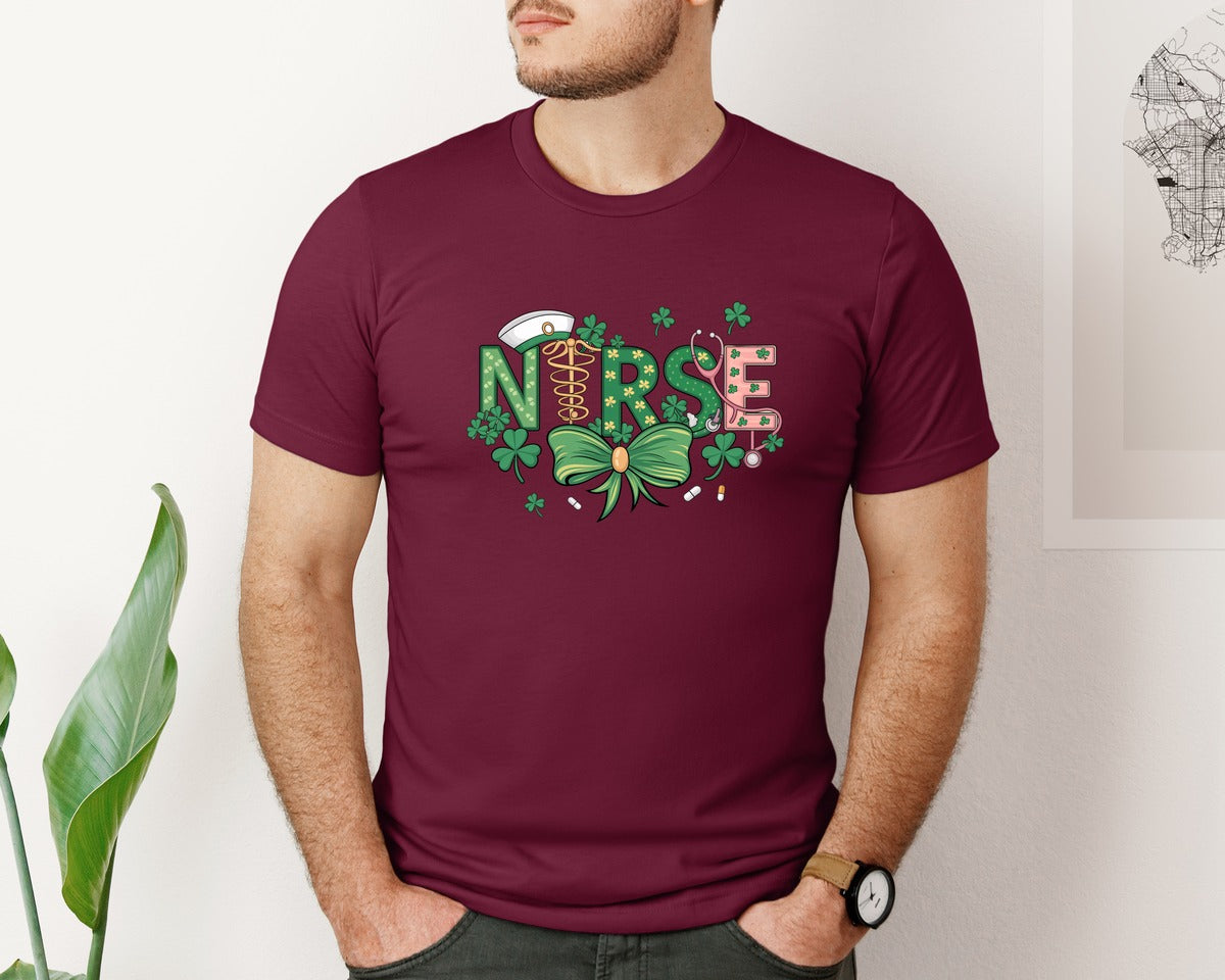 brand:Bella Canvas|color:Heather Maroon|St Patricks Day Nurse Lucky Nurse 6 Graphic T-Shirt