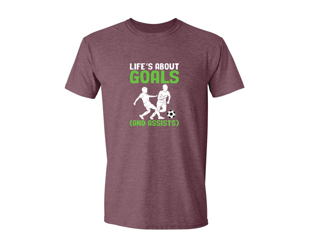 brand:Generic|color:Heather Maroon|Lifes About Goals Soccer T Shirt Graphic T-Shirt