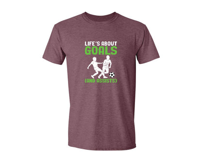 brand:Generic|color:Heather Maroon|Lifes About Goals Soccer T Shirt Graphic T-Shirt