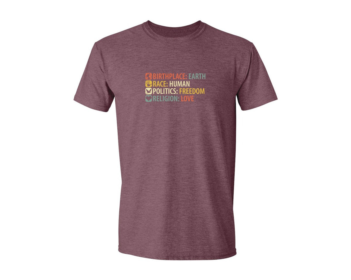 brand:Generic|color:Heather Maroon|Birthplace Earth Race Human Politics Fre Graphic T-Shirt