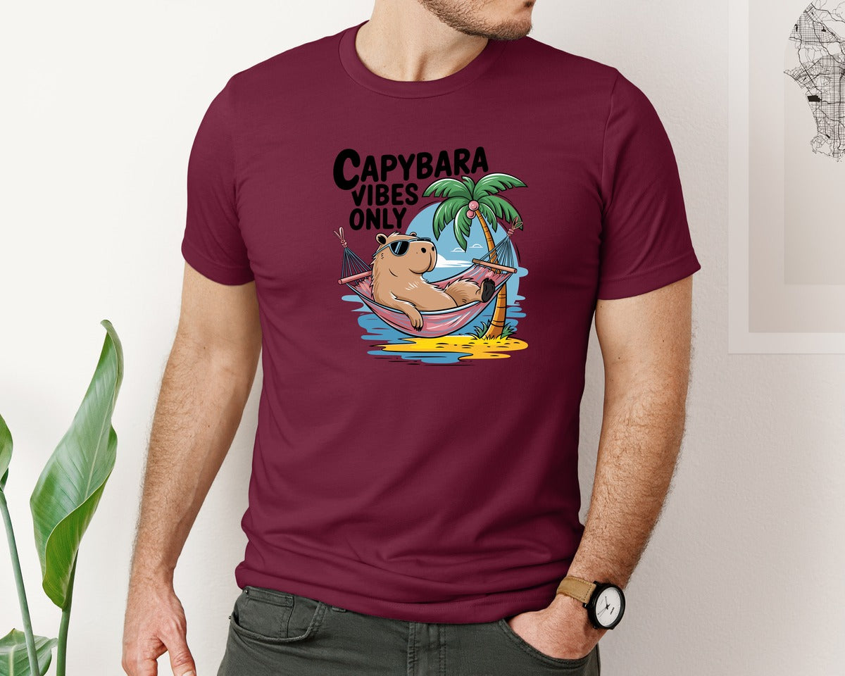brand:Bella Canvas|color:Heather Maroon|Capybara Vibes Only Summer T Shirt Print Graphic T-Shirt