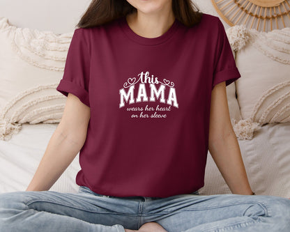 brand:Bella Canvas|color:Heather Maroon|This Mama Wears Her Heart On Her Sleeve 74 Graphic T-Shirt