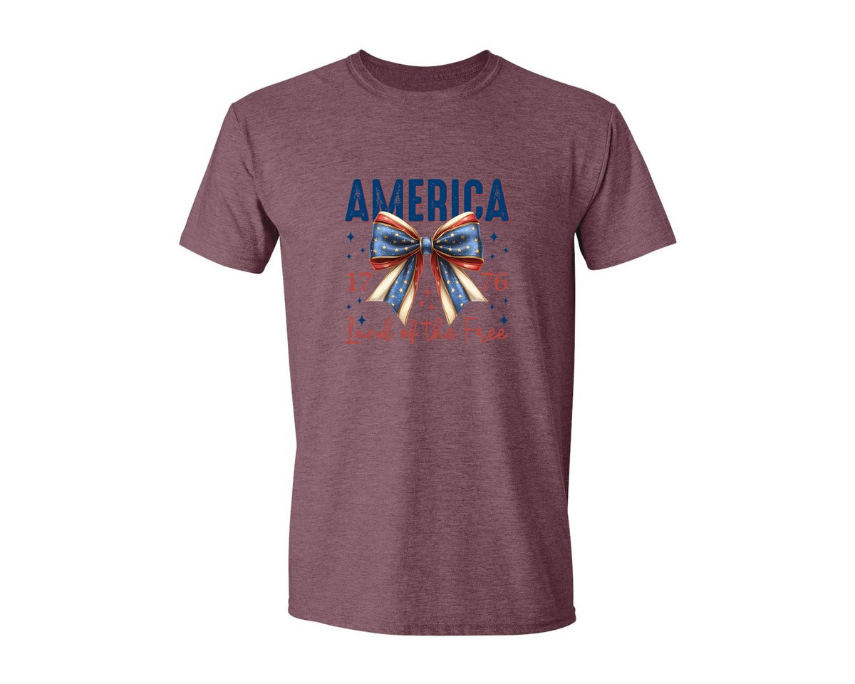 brand:Generic|color:Heather Maroon|America Bow Land Of The Free Graphic T-Shirt
