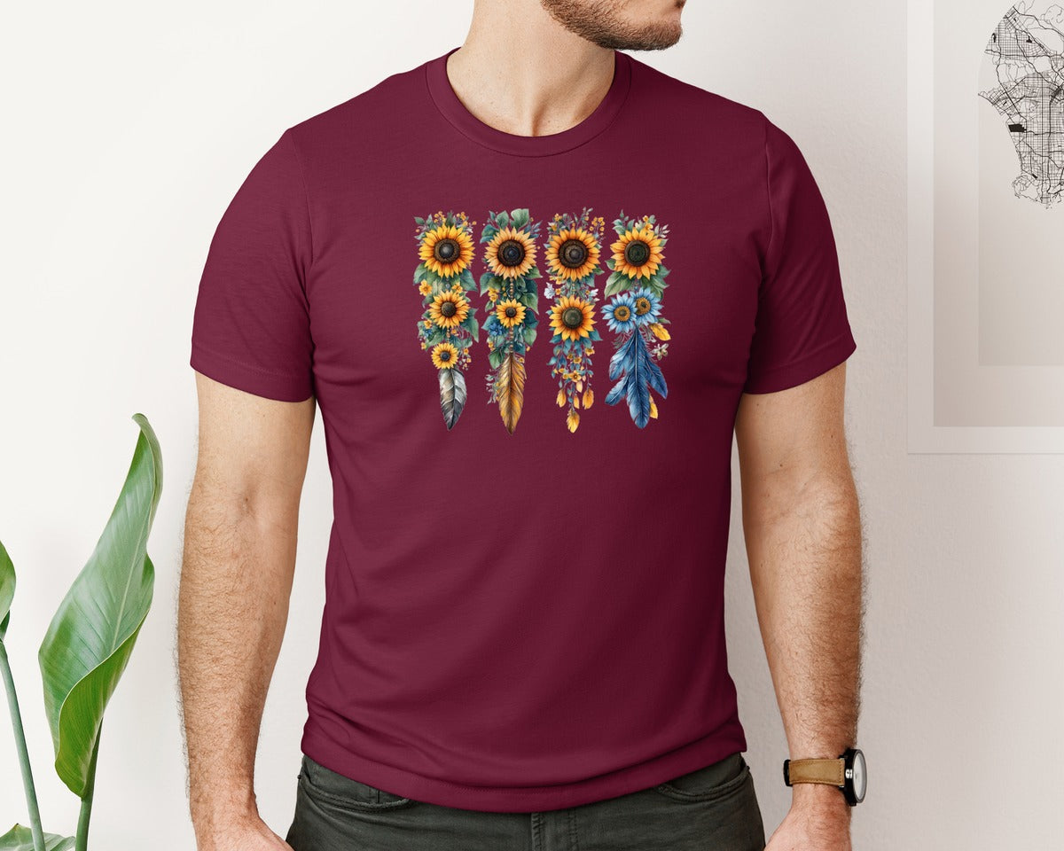 brand:Bella Canvas|color:Heather Maroon|Boho Wildflowers Feathers Flowers Graphic T-Shirt