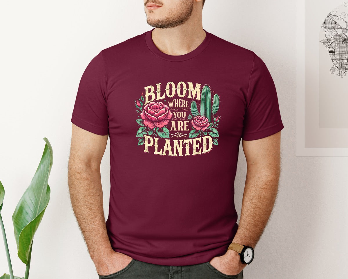 brand:Bella Canvas|color:Heather Maroon|Bloom Where You Are Planted T Shirt Graphic T-Shirt