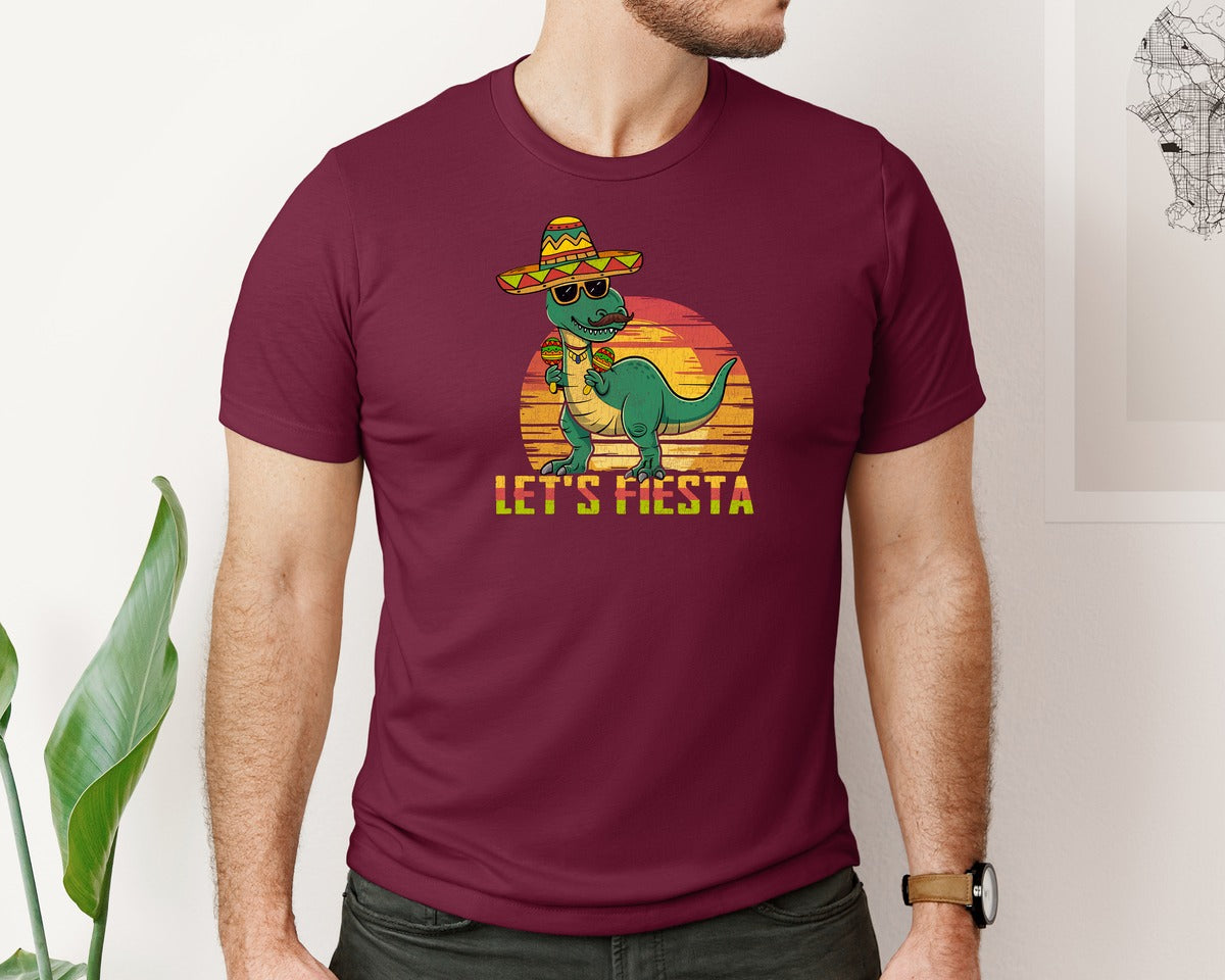 brand:Bella Canvas|color:Heather Maroon|Lets Fiesta Dinosaur Cinco De Mayo Graphic T-Shirt