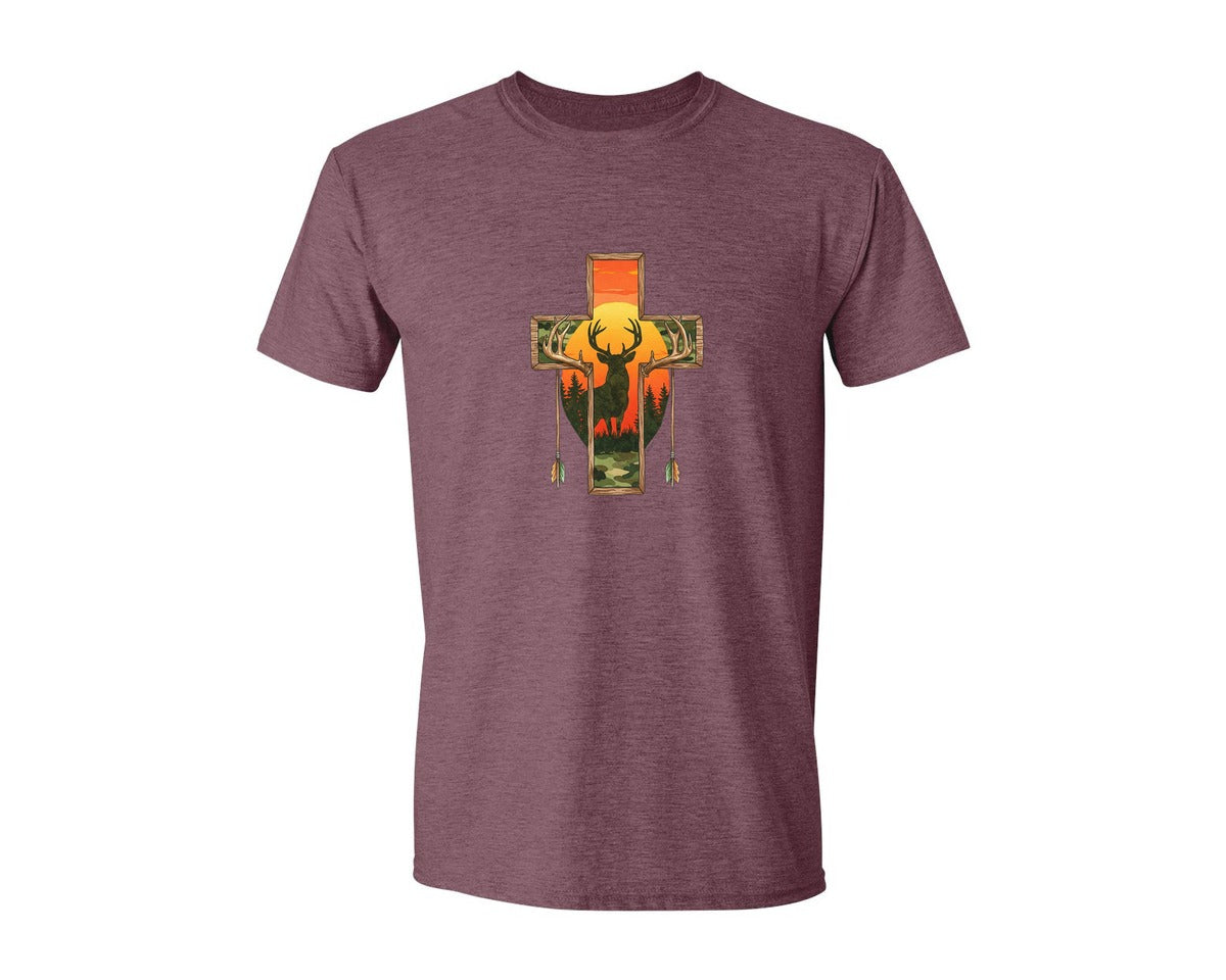 brand:Generic|color:Heather Maroon|Deer Cross Rustic Hunting Cross Sub Graphic T-Shirt