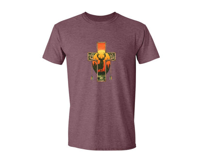 brand:Generic|color:Heather Maroon|Deer Cross Rustic Hunting Cross Sub Graphic T-Shirt