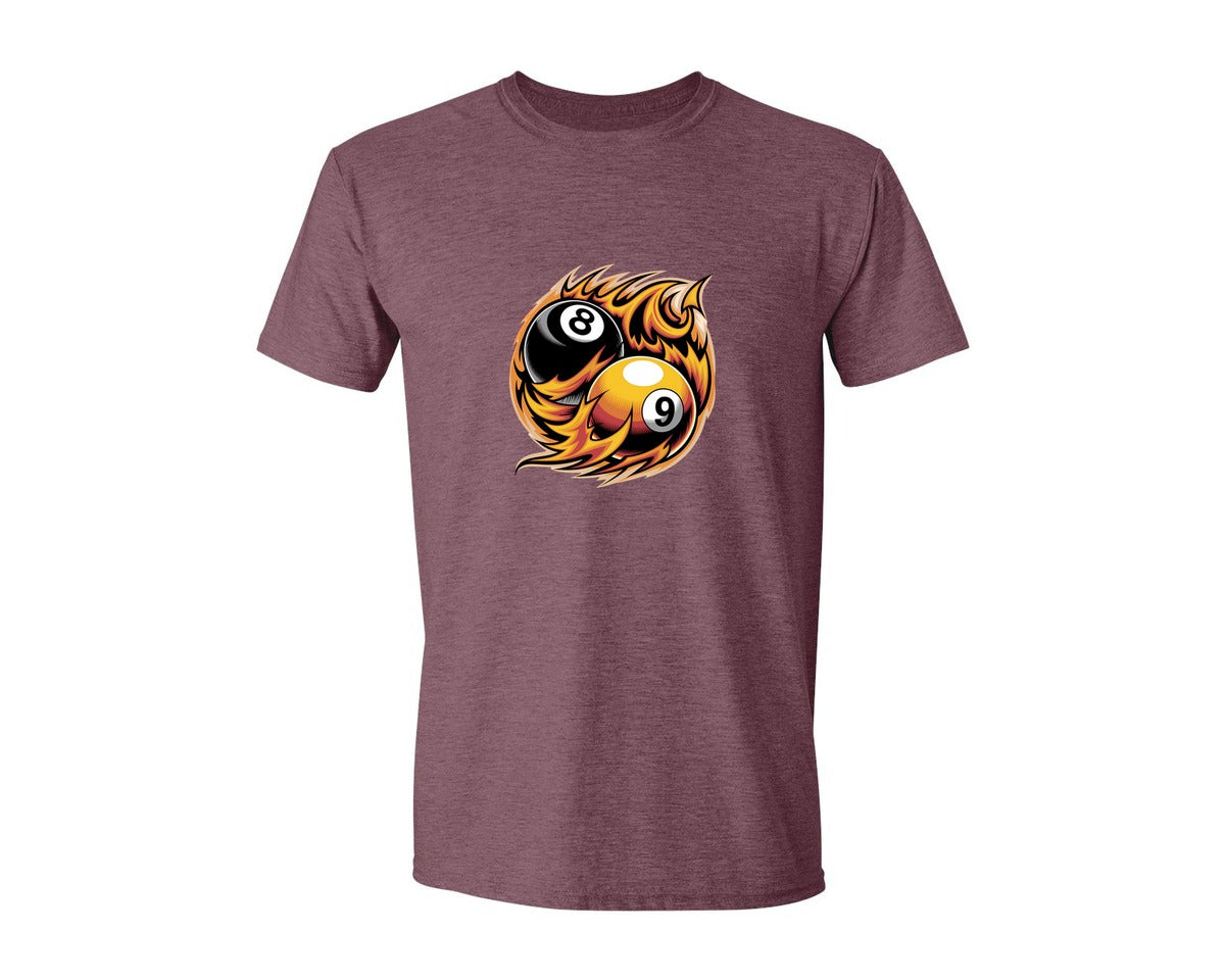 brand:Generic|color:Heather Maroon|Flaming 8 9 Ball Billiards Graphic T-Shirt